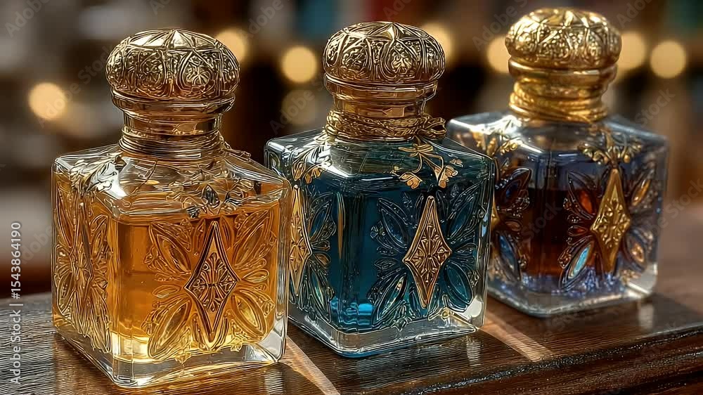 Ornate Perfume Bottles in Gold, Blue, and Amber Hues