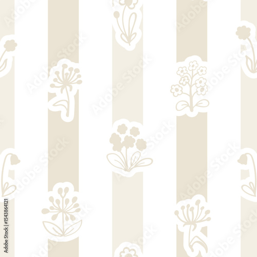 Doodle floral delicate print. Primitive minimalist vector seamless pattern. Delicate flowers and beige stripes.