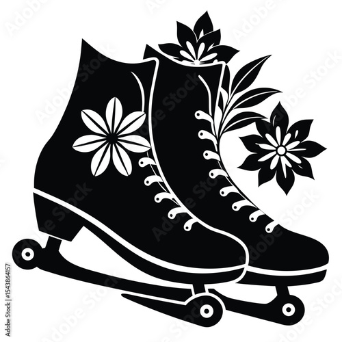 Skates with various floral decoration silhouette black vector art design
