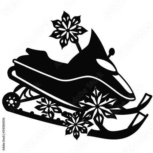 Snowmobile car with various floral decoration silhouette black vector art design