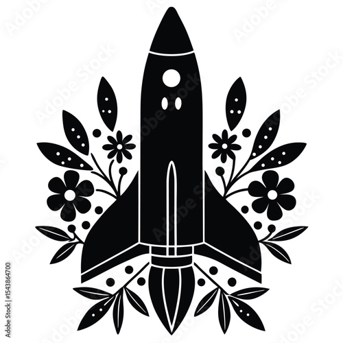Space shuttle with various floral decoration silhouette black vector art design