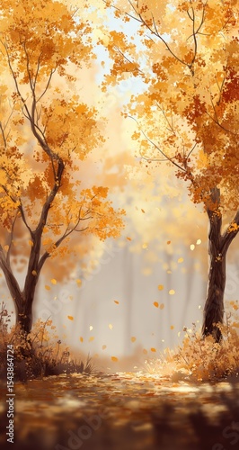 Golden autumn pathway through a misty forest, leaves gently falling, sunlight filtering through vibrant foliage