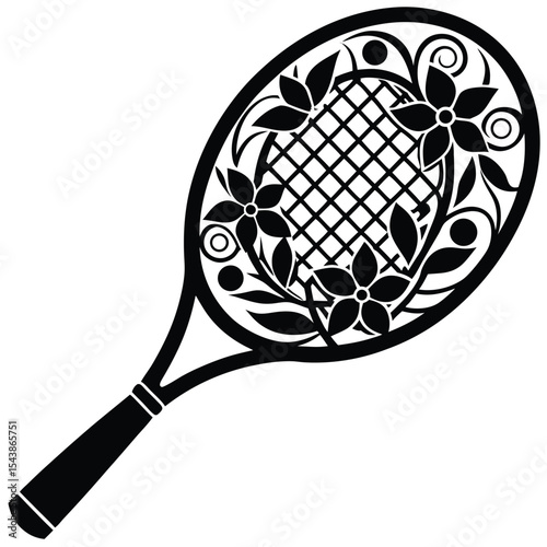 Tennis racket with various floral decoration silhouette black vector art design