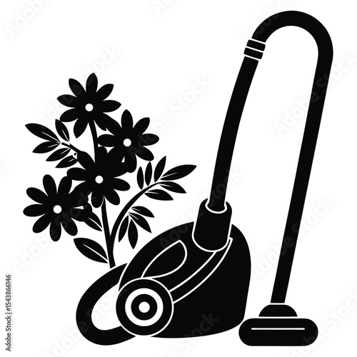 Vacuum cleaner with various floral decoration silhouette black vector art design