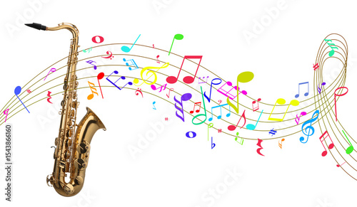 Canvas Print Saxophone and colorful music notes on white background