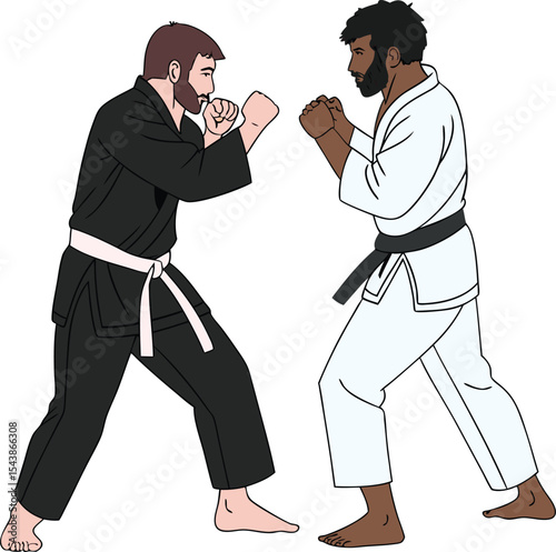 Martial Arts Duel: Two combatants, clad in traditional attire, face each other in a moment of intense focus and discipline, capturing the essence of martial arts
