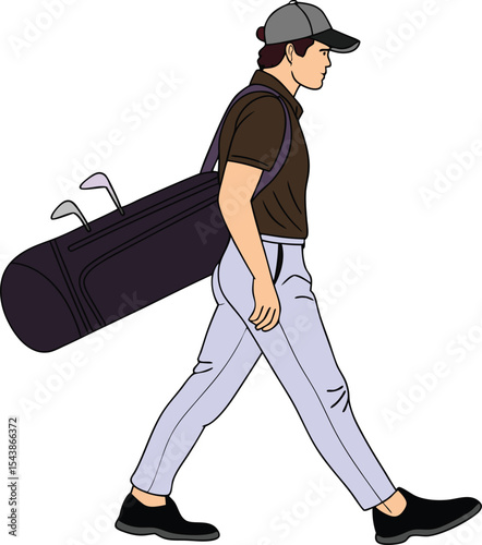 A Golfer's Stroll: A determined golfer strides forward, a golf bag slung casually over his shoulder, embodying the essence of dedication and a passion for the sport.