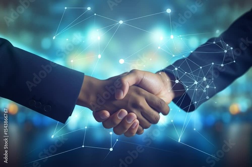 A close-up shot of two business professionals shaking hands, symbolizing partnership, agreement, or successful collaboration. The background features a dynamic, blurred cityscape with abstract digital