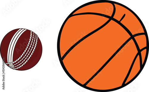 Cricket Ball and Basketball: An overhead shot of cricket ball beside basketball shows comparison of sports.