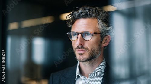 A man with glasses and a blazer looking to the side with a striped shirt and gray hair indoors