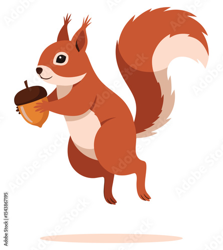 Cute Red Squirrel Holding a Single Acorn in an Animated Style, Perfect for Nature Illustrations and Children's Books