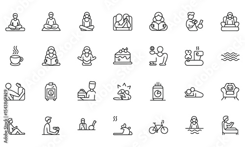 Collection of line icons depicting relaxation activities and lifestyle