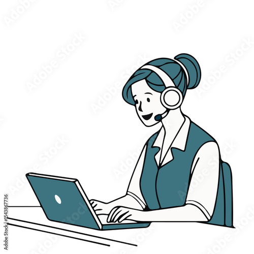 Woman Hotline Operator Typing on Laptop – Vector Illustration of Customer Service Agent with Headphones and Microphone for Call Center and Support Concepts