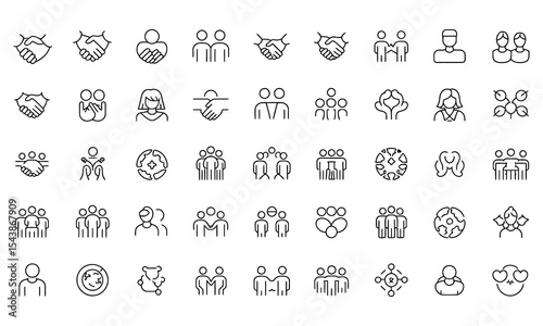 Collection of line icons representing teamwork collaboration and partnership
