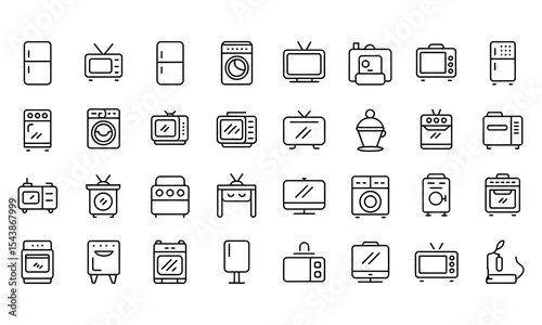 Line art icons of household appliances and electronics