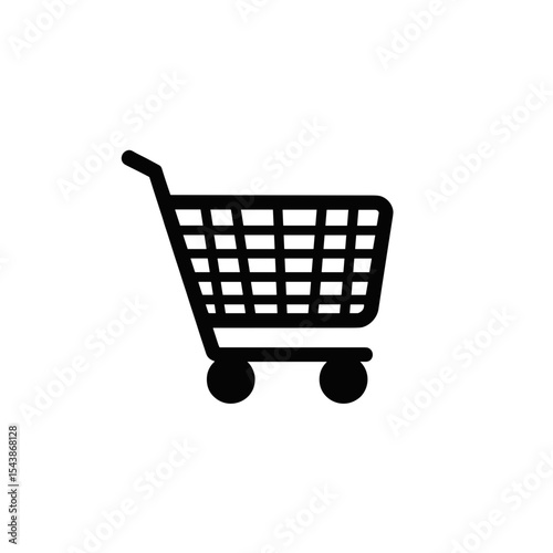 Black silhouette of shopping cart with grid basket and four wheels, representing commerce, retail logistics, and online consumerism
