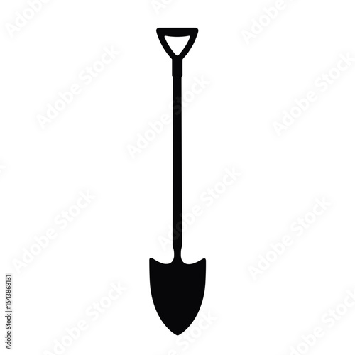 Silhouette of construction shovel with D-handle and pointed blade, isolated for industrial and landscaping themes, representing manual labor and outdoor tools