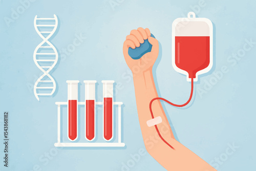 Illustration promoting blood donation, with a blood bag, test tubes, and DNA symbol, highlighting the science behind the process.