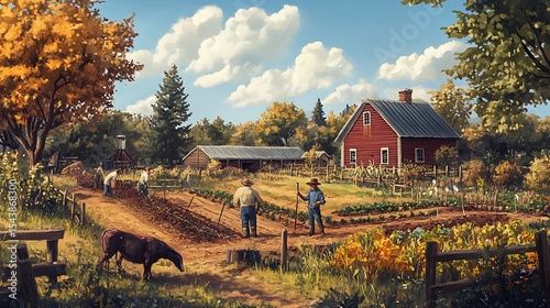 Farmers working on farm fields with horse in autumn with a red house visible