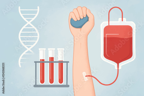 Creative vector design of a blood donation scene, showing a blood bag, DNA helix, and test tubes for a scientific approach to donating blood.