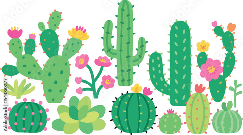 Vibrant Cactus Collection Charming Desert Botanical Illustration with Blooming Flowers a Whimsical Delight