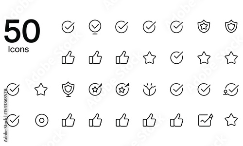Fifty line icons set checkmark thumbs up stars shield