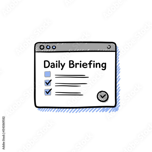 Hand-drawn Daily Briefing checklist with clock icon and completed tasks.