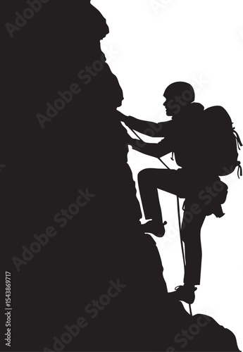  Silhouette of a mountain climber scaling a cliff edge on plain white background

