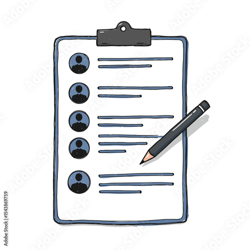 Hand-drawn clipboard with candidate profiles and a black pencil illustration.