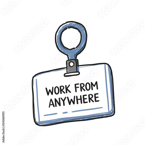Hand-Drawn Badge with Work From Anywhere Text Blue Outline and Silver Clip.