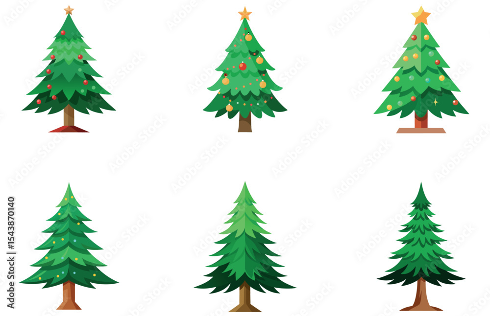 Fototapeta premium Pine Trees Vector Designs Set Minimal Flat Style Evergreen Forest Tree Illustrations