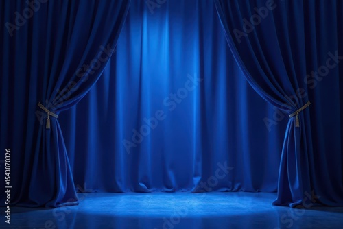 Velvet blue curtains sweep open, revealing a stark, spotlight-lit empty stage , backdrop, art
