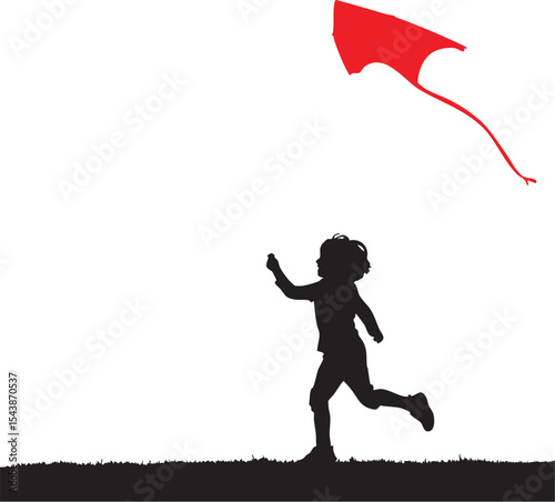  Silhouette of a child flying a kite, motion captured on white background

