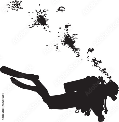 Silhouette of a scuba diver swimming with bubbles trailing on white background

