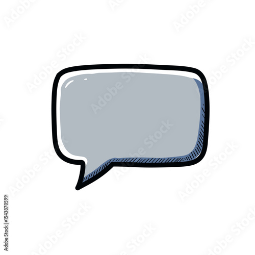 Hand-drawn gray speech bubble with thick black outline and blue shadow.