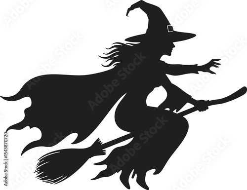  Silhouette of a witch flying on a broomstick, isolated on plain white background

