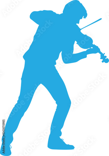  Silhouette of a violinist mid-performance, dynamic stance, on white background

