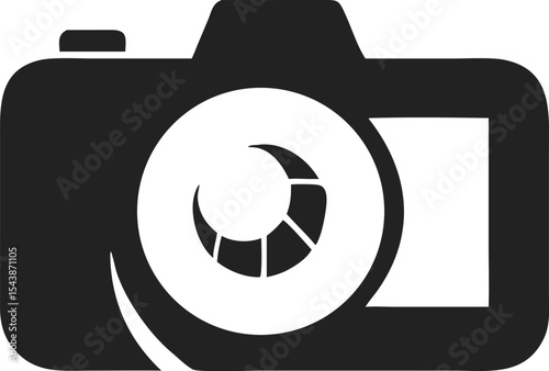 Simple Stylized Black Silhouette of Classic Camera – Circular Lens with Shutter Design, Rectangular Viewfinder, and Curved Body Shape, photo camera icon