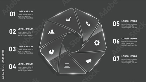 3D Glass Effect Circle Infographic – 7 Step Business & Education Timeline with Multimedia Icons, Web Layout, and Vector Design