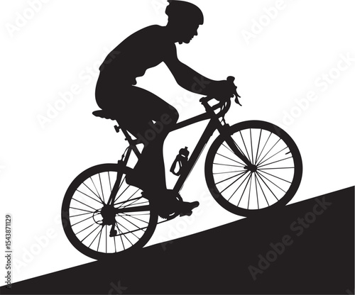  Silhouette of a cyclist riding uphill, dynamic pose on white background

