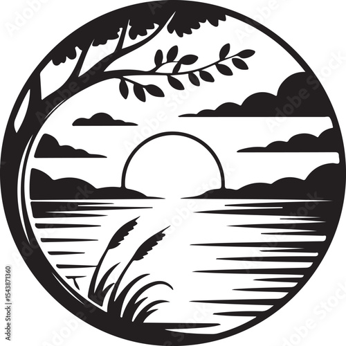 Scenic sunset view over water with clouds, tree branch, and calm lake captured in peaceful round silhouette composition