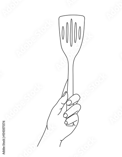 Cooking slotted turner in hand line art vector illustration