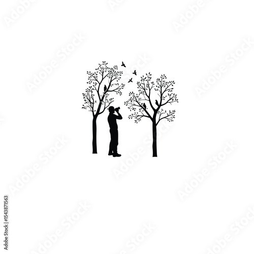 A birdwatcher spotting birds in spring trees on white background