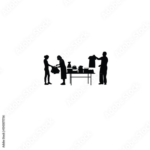 A charity event with people donating goods on white background