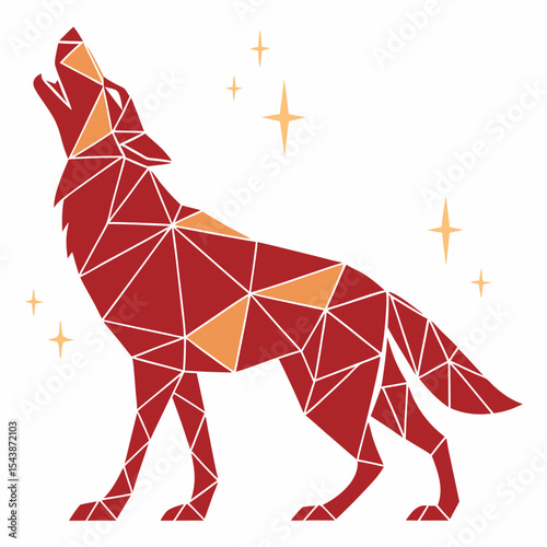Geometric wolf howling at the stars with red and orange triangles in a polygonal design style art