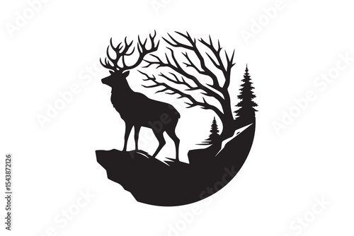 Silhouette of a majestic stag standing on a cliff with tree branches blending into its antlers – minimal and bold icon style on a white background