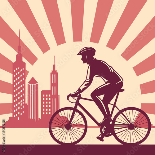 Silhouette of cyclist riding a bicycle with city skyline and sunburst background illustration art