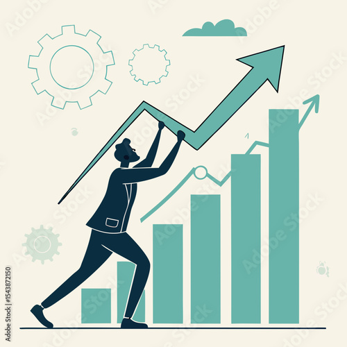 Man pushing up an arrow on a bar graph with gears and upward trending lines in the background illustration