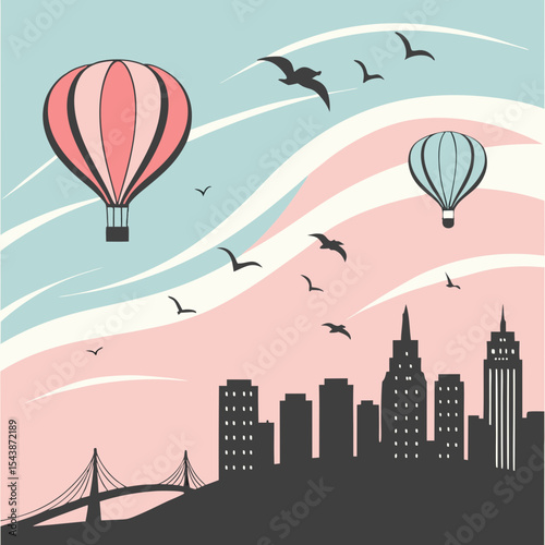 Illustration of hot air balloons flying over a city skyline with birds and a bridge at sunset time