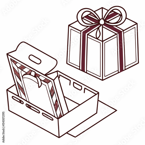 Illustration of a gift box with ribbon and an open box with striped interior design element present